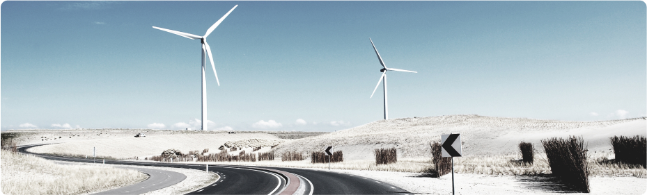 Image montrant une route au premier plan et des éoliennes en second plan